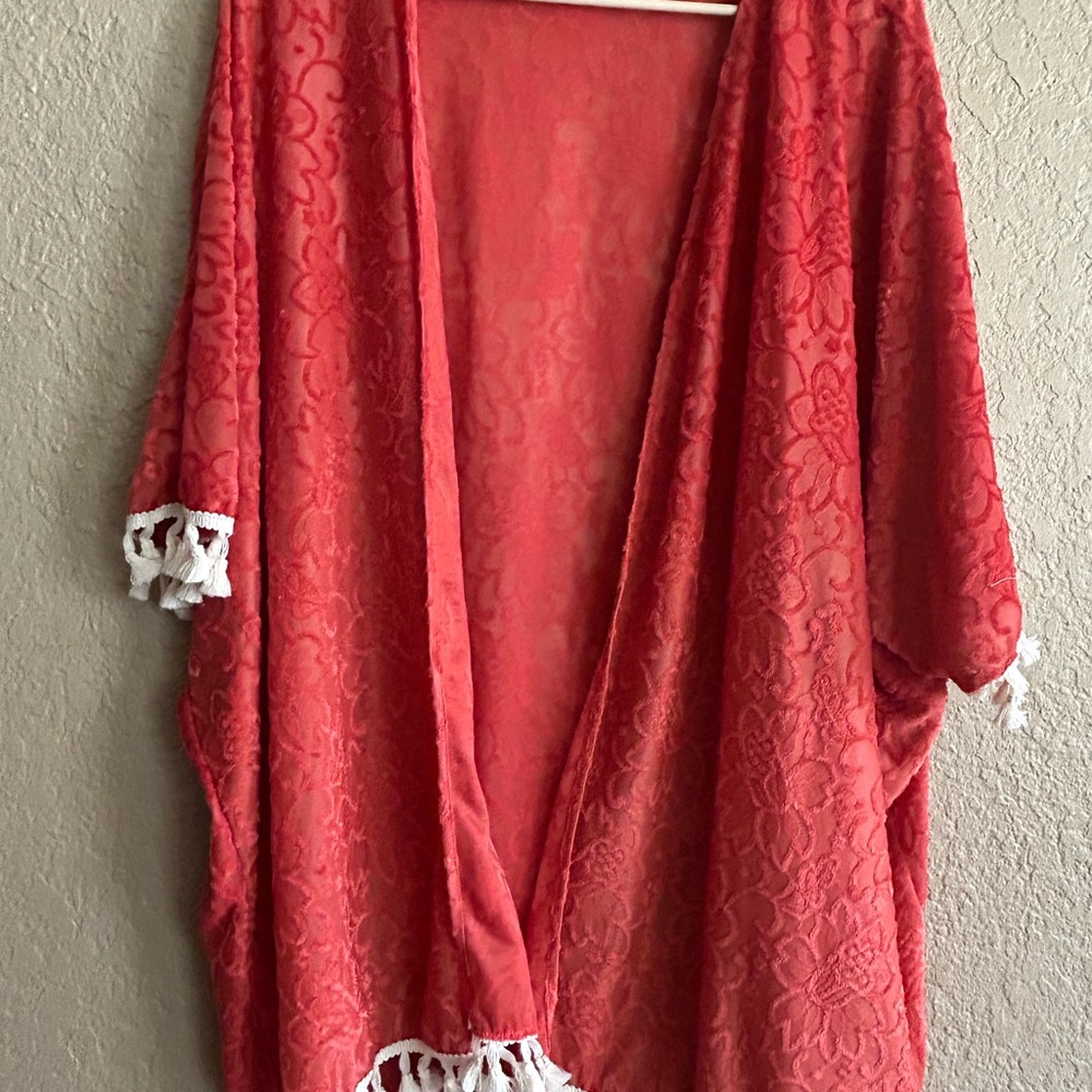 Lady's World Burnt Red Kimono with White Fringe